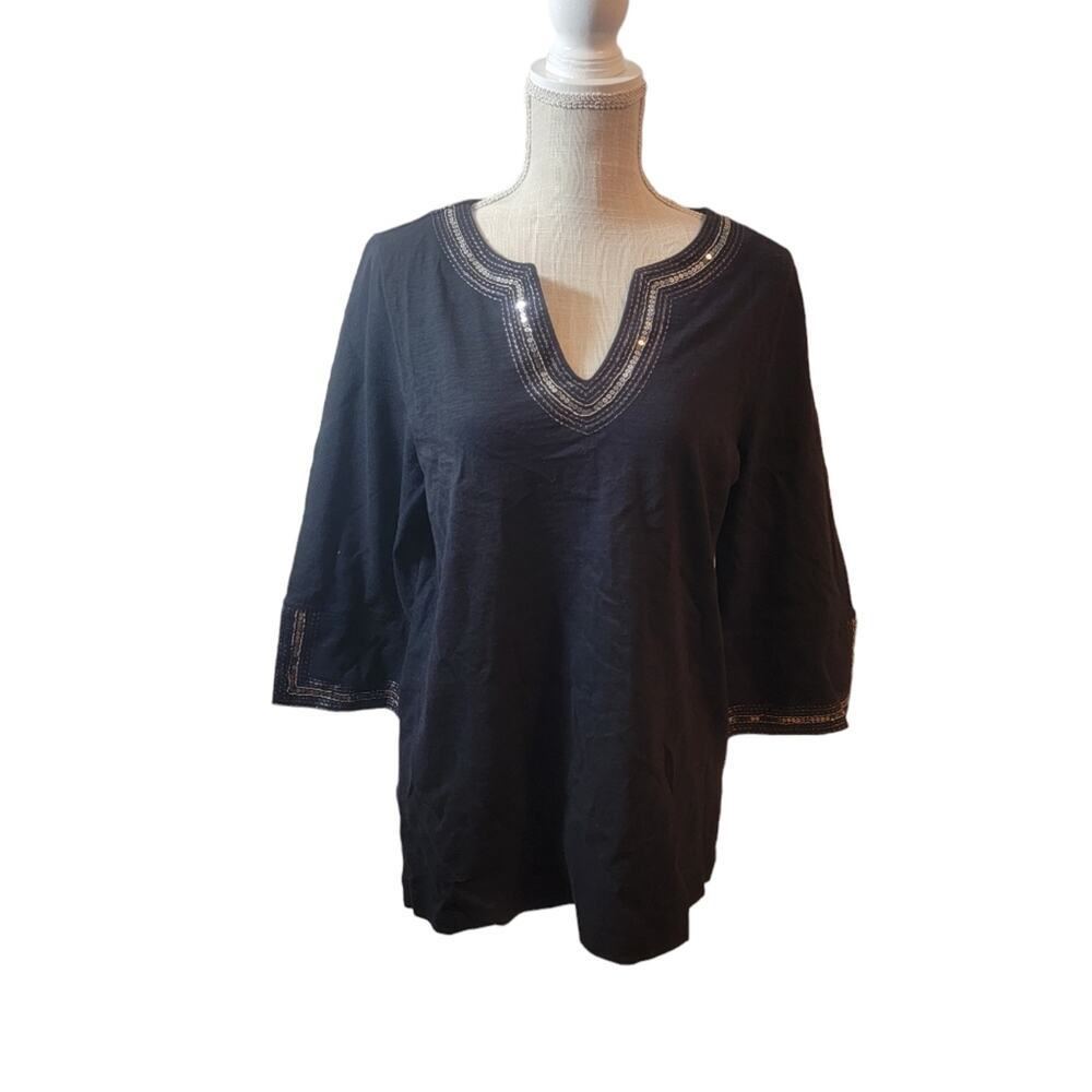 Tommy Bahama Black V-Neck Sequin Silver Embroidered Bell Sleeve Top Size Medium